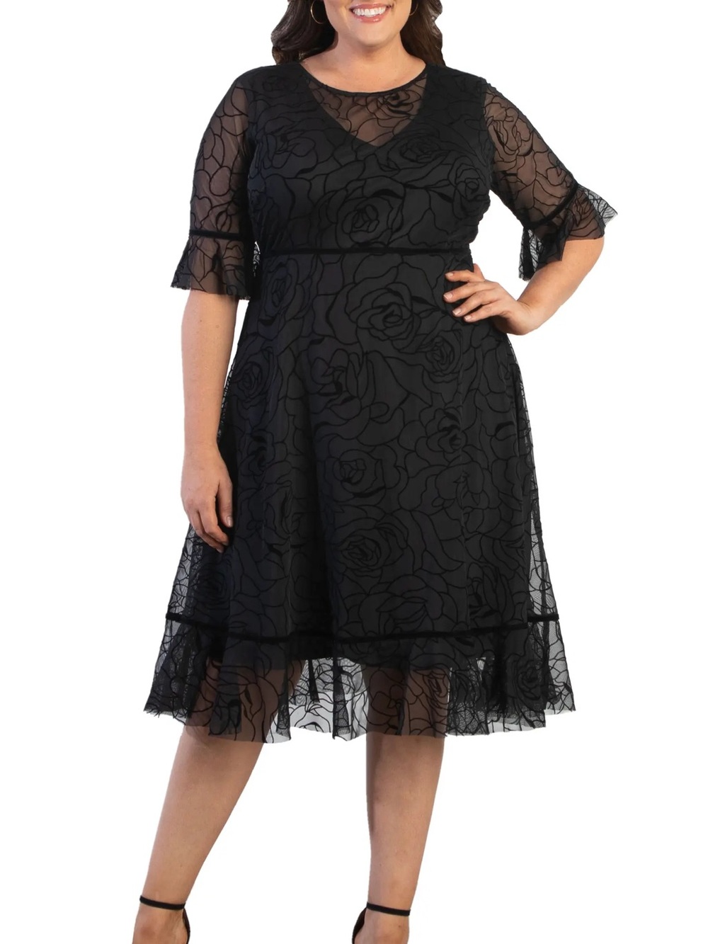 Kiyonna Francesca Black Floral Lace Midi Dress Ruffle Hem and Sleeves Velvet 3X